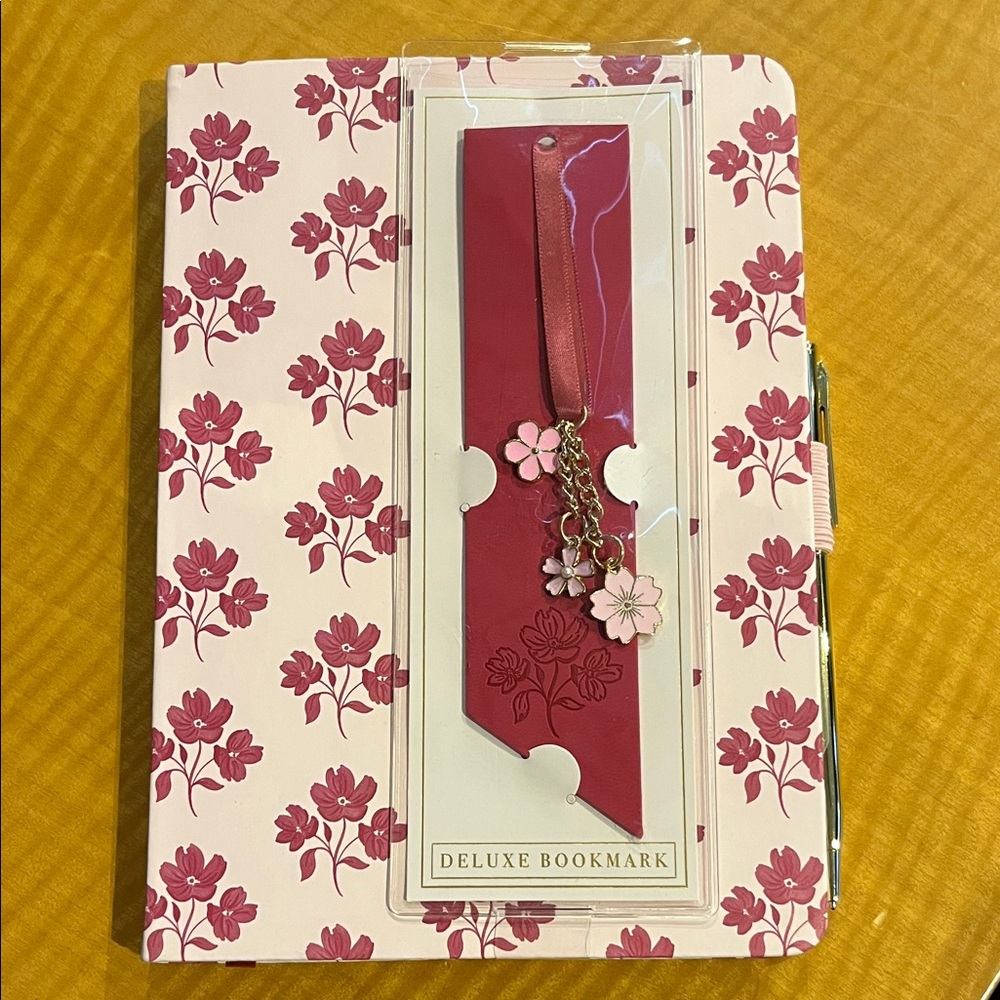 Floral Pink Bookmark with Charms and gold pen journal